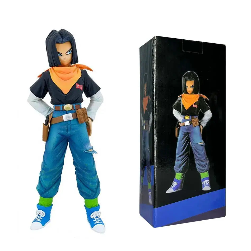 Figurine dragon ball android 17 en t shirt noir et écharpe orange avec sneakers bleues et vertes réédition officielle redécouvrez