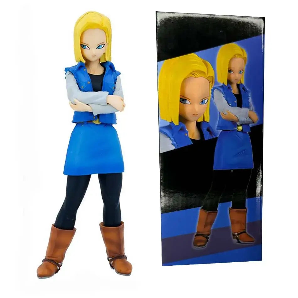 Figurine dragon ball android 17 et 18 réédition officielle d’une femme blonde en gilet bleu noir et jupe bleue