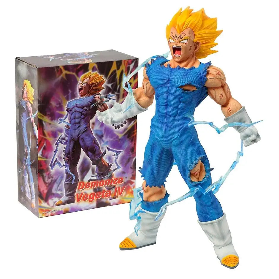 Figurine dragon ball demon vegeta iv avec cheveux dorés, tenue bleue déchirée et effets d éclairs bleu et blanc