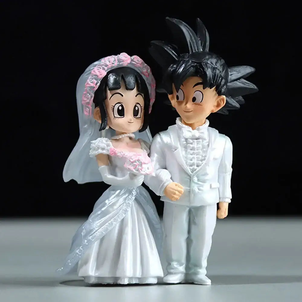 Figurine dragon ball mariage son goku blanc en plastique avec détails de dentelle sur la robe et voile de la mariée
