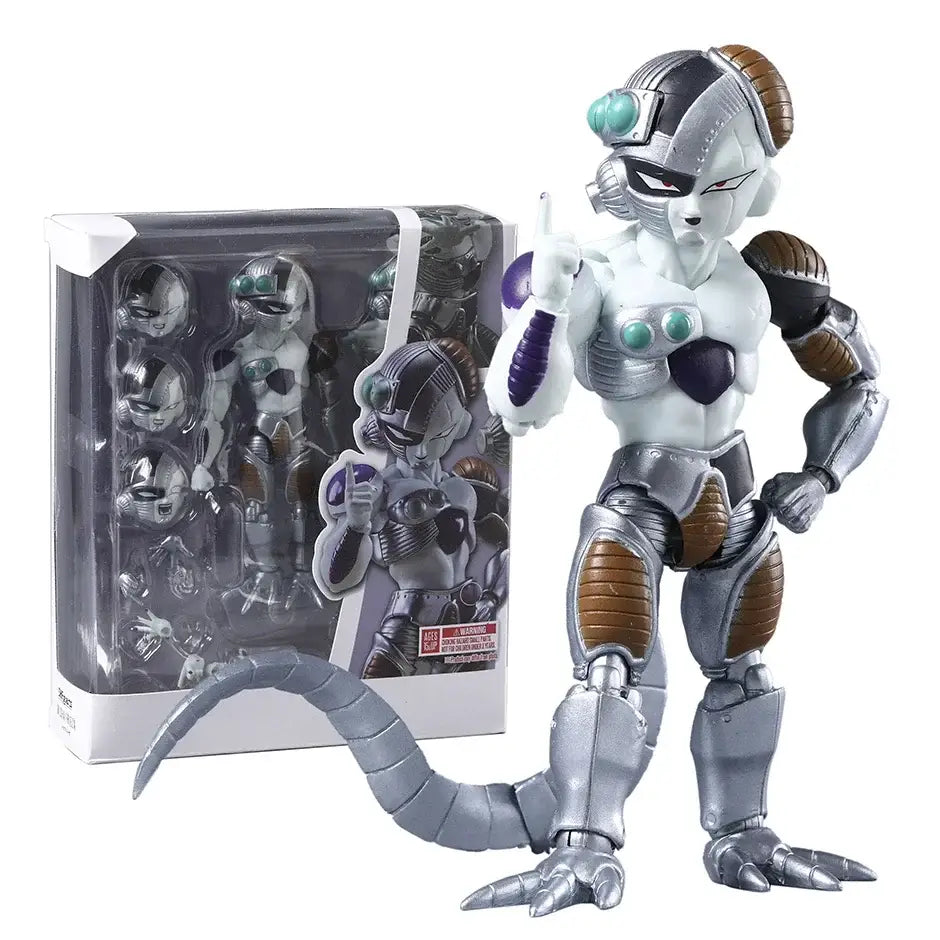 Figurine dragon ball mecha freezer en armure argentée et brune avec accents teal et queue longue mécanique détaillée