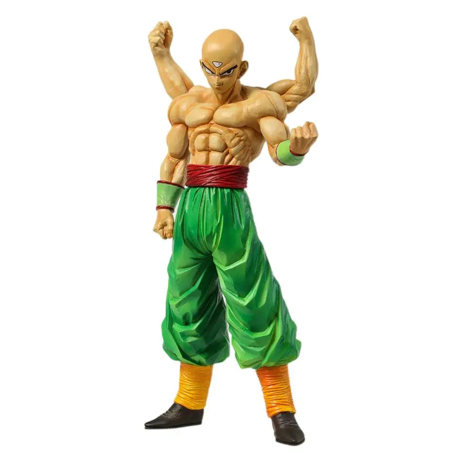 Figurine dragon ball tien shinhan en plastique détaillée représentant un personnage chauve musclé avec pantalon vert et ceinture rouge