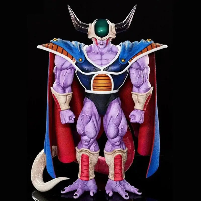 Figurine roi froid grand roi cold avec peau violette, cape bleue, armure rouge beige et posture impressionnante