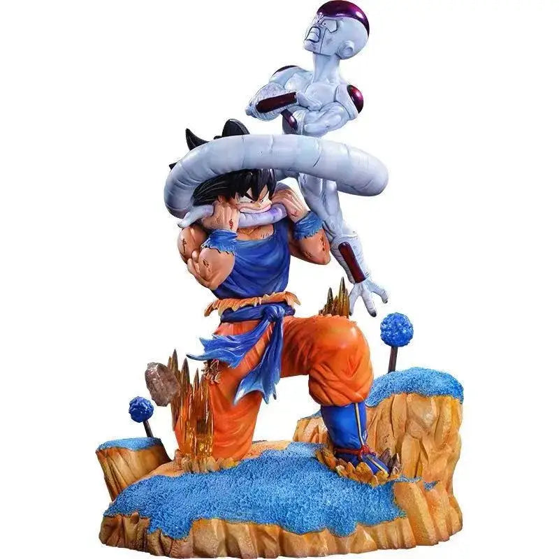 Figurine dragon ball en résine détaillée de goku en orange et bleu dans un épique duel goku vs freezer