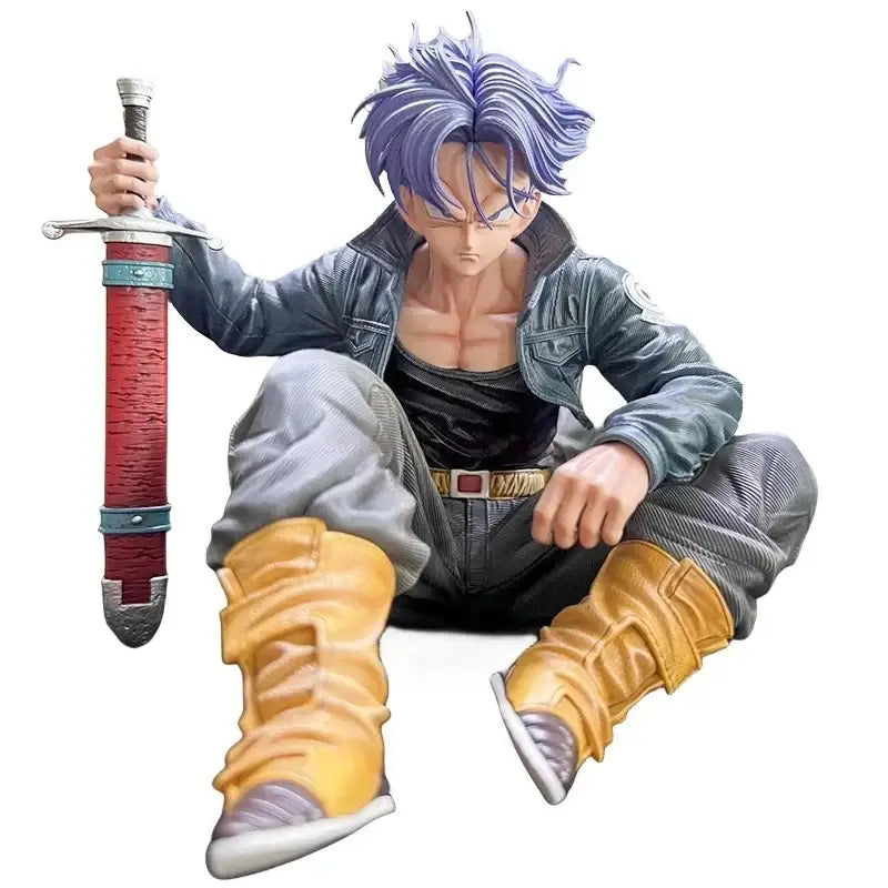 Figurine dragon ball z trunks avec cheveux violets vêtue d’une veste en cuir gris foncé tenant une épée rouge