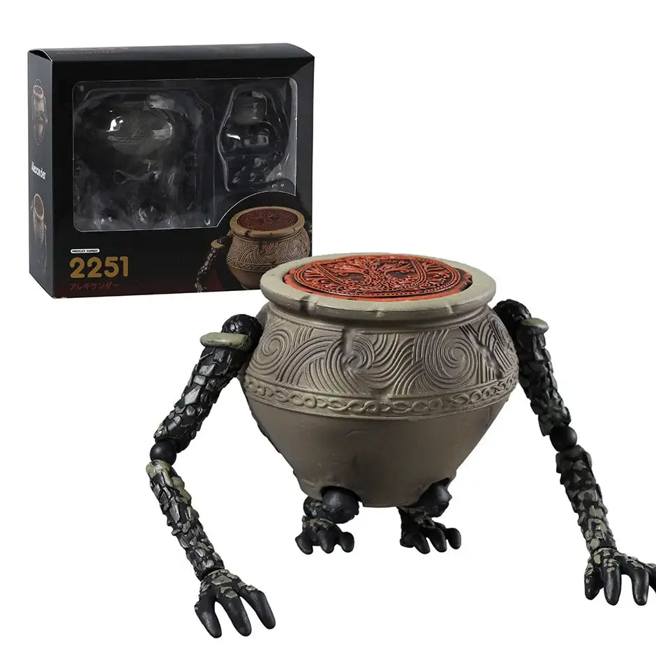 Figurine elden ring alexander en forme de pot gris avec bras articulés noirs et jarre gravée rouge au couvercle