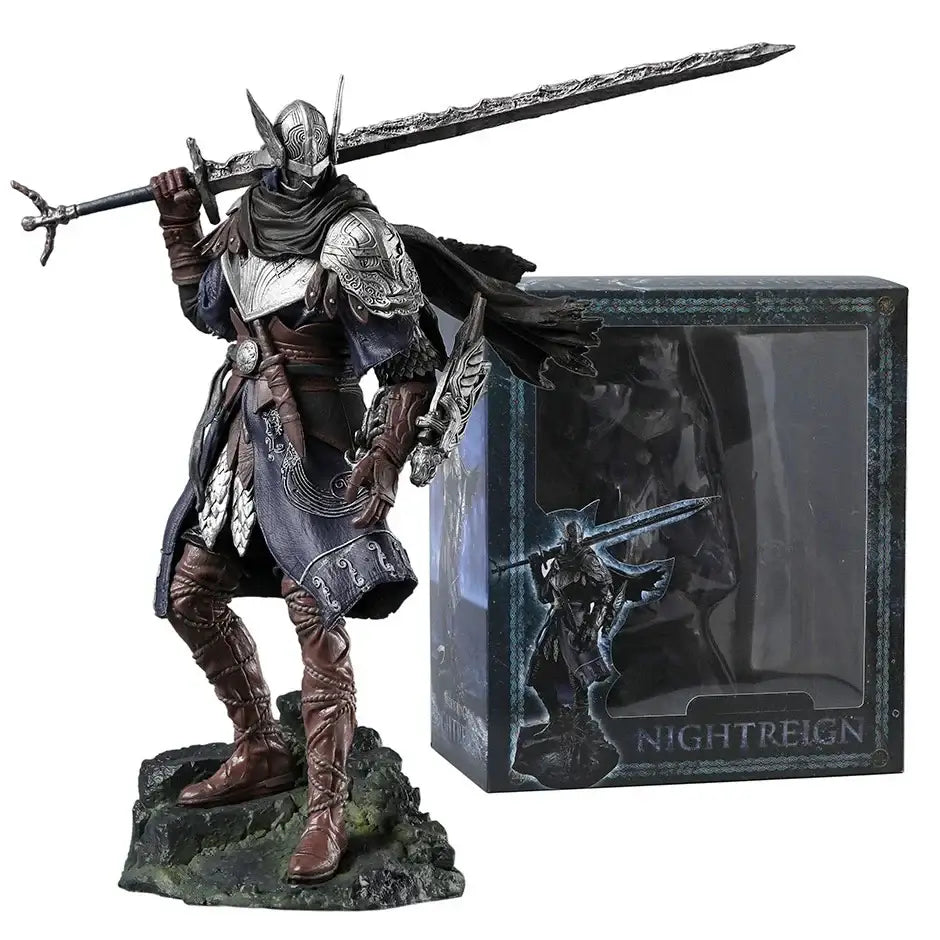 Figurine elden ring nightreign wylder en armure argent et noir détails ultra soignés avec épée sur socle rocheux