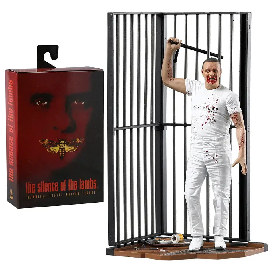 Figurine hannibal lecter en plastique blanc de 21cm portant une tenue blanche sanglante dans une cellule de prison