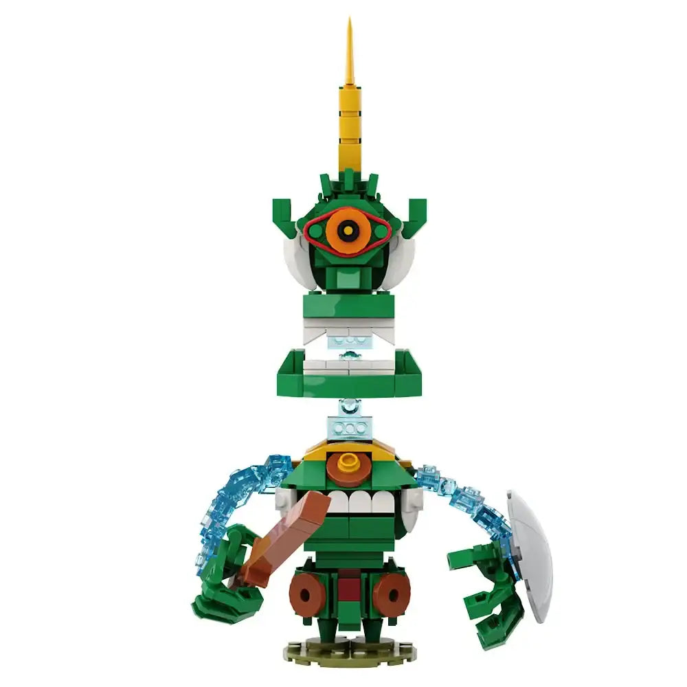 Figurine gardien golem zelda lego zelda avec œil orange, pic jaune, bras translucides bleus tenant hache et bouclier