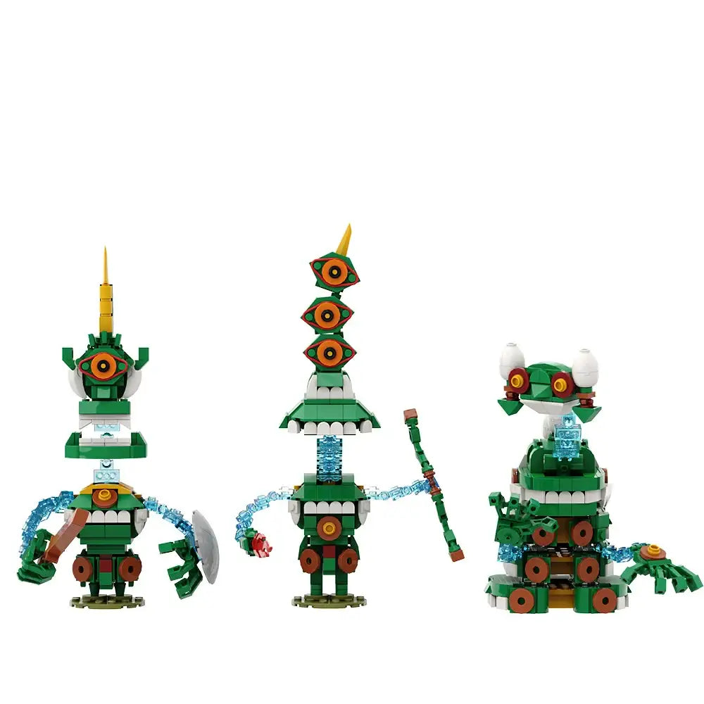 Figurine gardien golem zelda en lego avec trois personnages verts aux accents orange et blanc inspirés de lego zelda tears of the kingdom