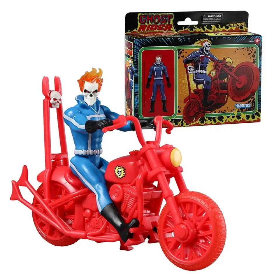 Figurine ghost rider avec crâne enflammé bleu et noir coiffé de cheveux orange sur une moto marvel rouge
