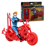 Figurine ghost rider avec crâne enflammé bleu et noir coiffé de cheveux orange sur une moto marvel rouge