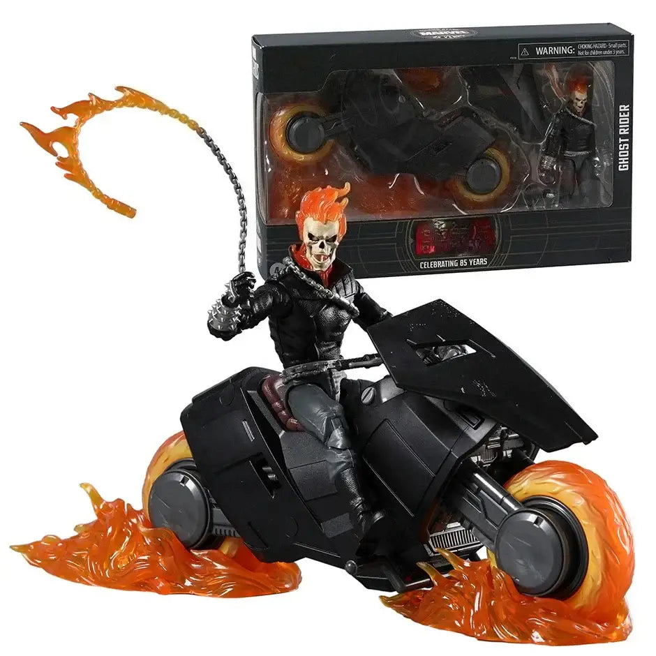 Figurine ghost rider modèle articulé avec moto enflammée noire et flammes orange pour 85e anniversaire