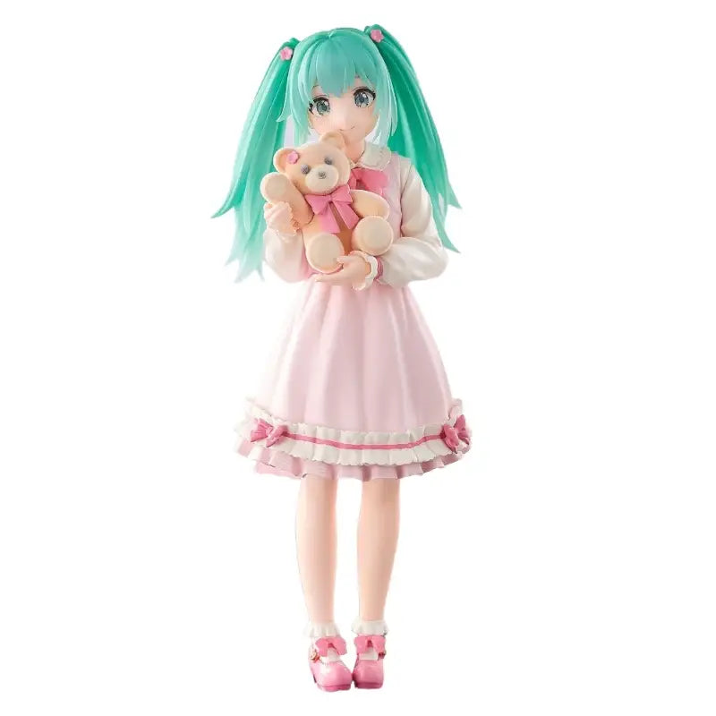Figurine hatsune miku luminasta avec pigtails teal vibrant et robe froncée rose tenant un ours en peluche