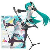 Figurine hatsune miku projet diva 15thver avec cheveux teal, gants noirs, bottes cuissardes et micro sur pied
