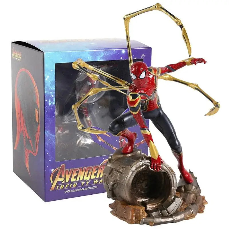 Figurine héros spiderman rouge et or avec propulseur matériau métallique sur base mécanique détaillée boîte emballé