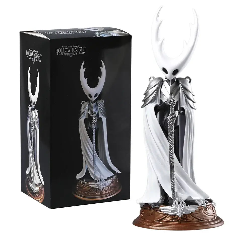 Figurine hollow knight silksong blanche et argent avec cape longue et épée détaillée en résine
