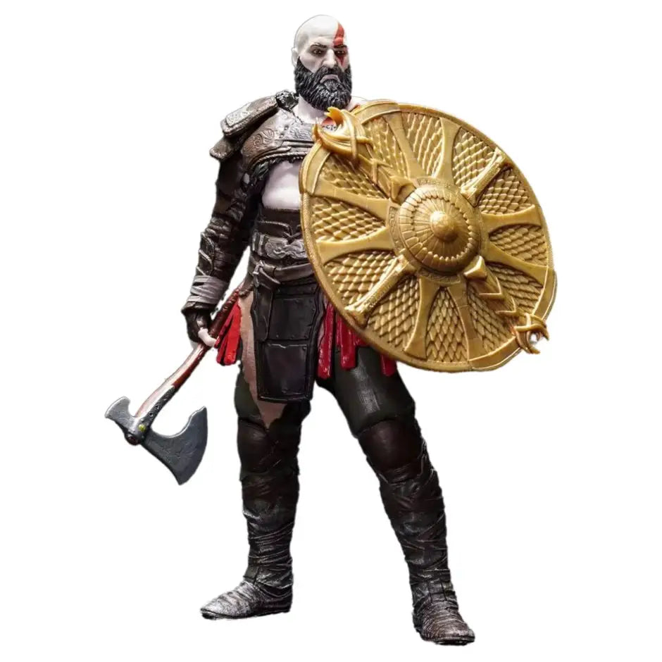 Figurine kratos god of war ragnarök avec un bouclier doré détaillé en relief au design rayonnant solaire