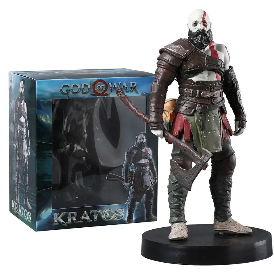 Figurine kratos god of war ragnarok en armure marron et verte avec peinture guerrière et hache léviathan en action