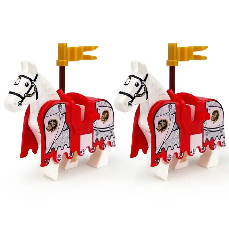 Figurine lego cheval médiéval avec deux chevaux blancs à capes rouges et drapeaux jaunes en plastique lego