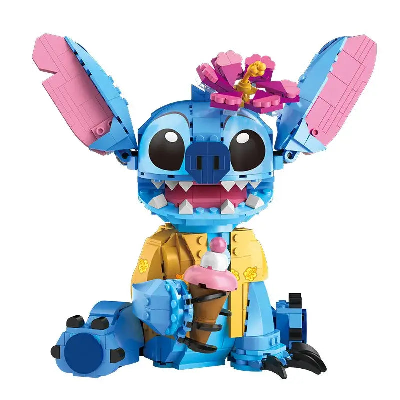 Figurine lego moc stitch disney blue avec oreilles roses et fleur, veste jaune, tenant un cornet de glace