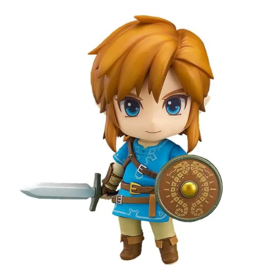 Figurine link la légende de zelda breath of the wild chibi avec cheveux doré et tunique bleue tenant épée et bouclier