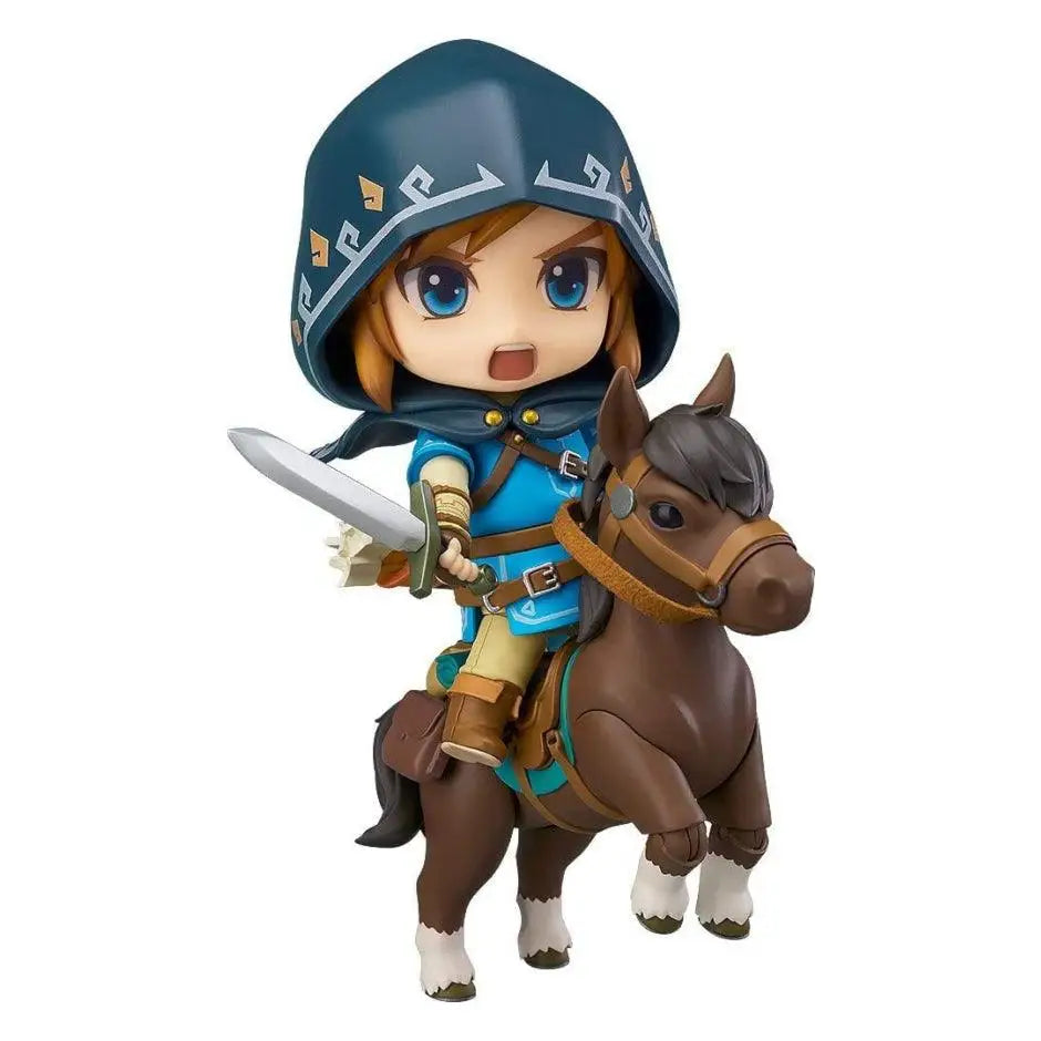 Figurine link la légende de zelda breath of the wild en style chibi avec cape bleue et cheval marron aux sabots blancs