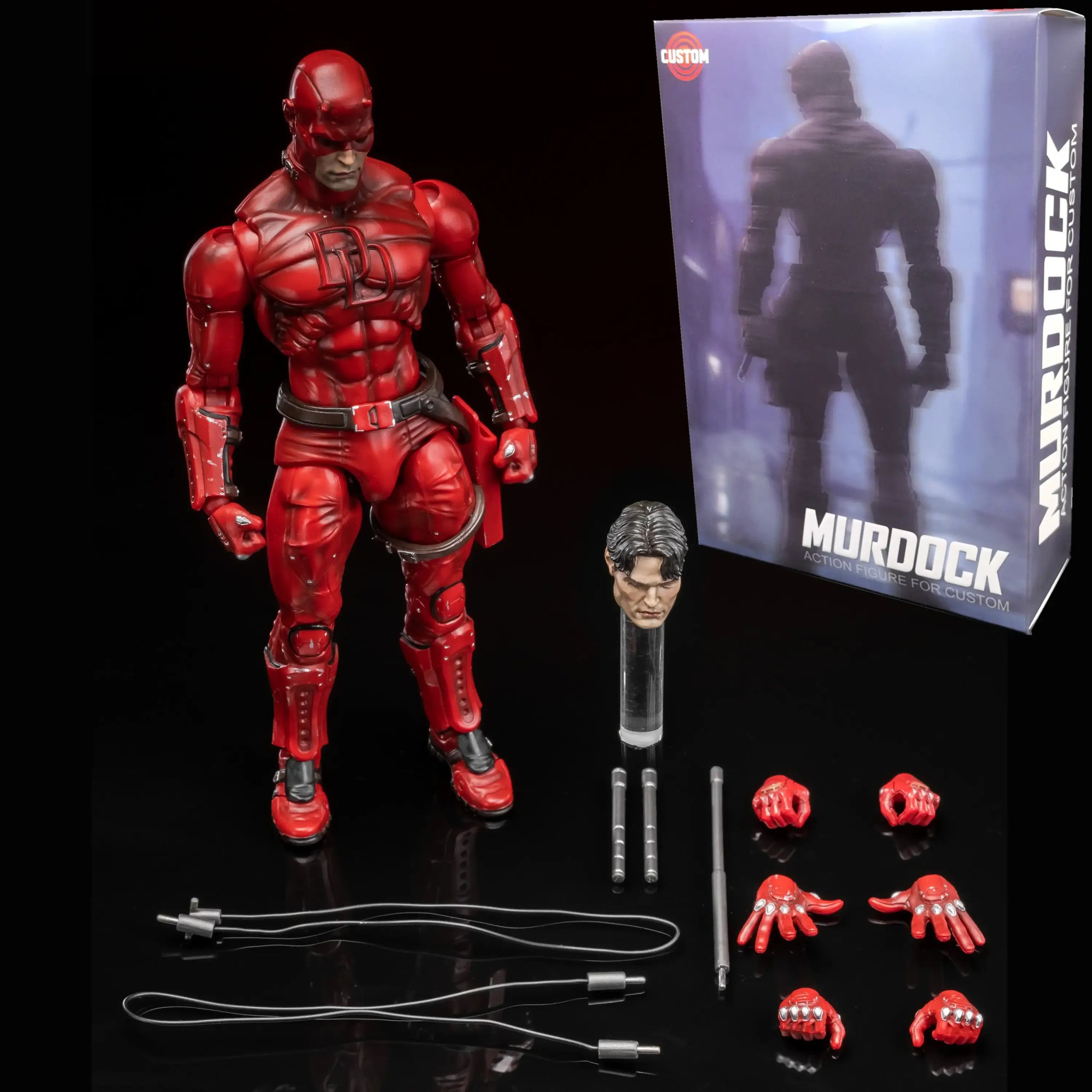 Figurine marvel daredevil reborn black avec musculature détaillée, articulations mobiles, finition rouge glossy et accents noirs