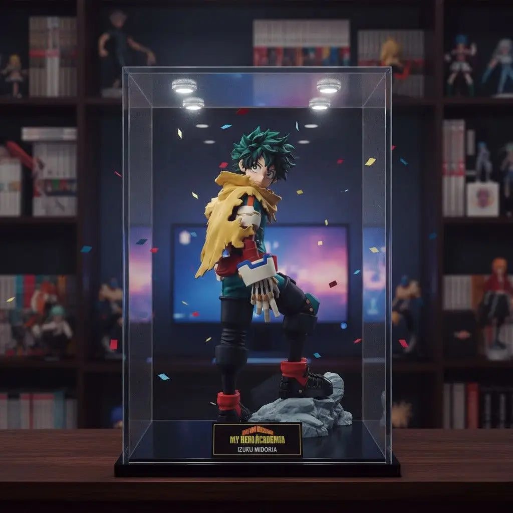 Figurine my hero academia izuku midoriya 21cm avec cheveux verts vifs et cape jaune sur costume rouge et noir