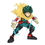 Figurine my hero academia midoriya izuku en pose dynamique avec effets électriques, cape déchirée, uniforme rouge et bleu