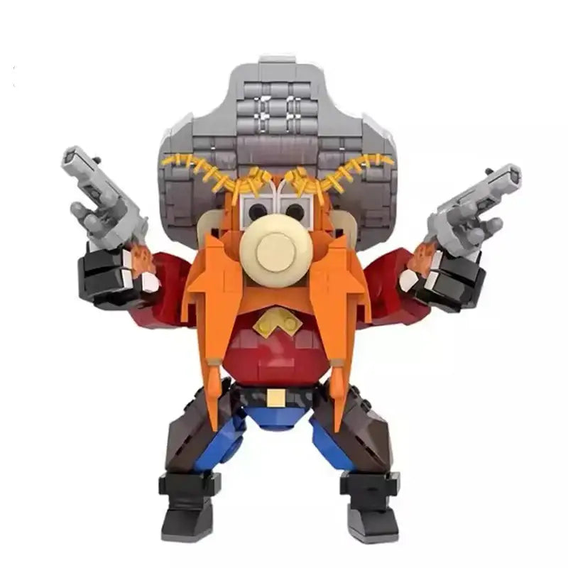 Figurine nano bricks sam le pirate avec casque gris, cheveux jaunes, gants noirs, jambes bleues, tenant deux pistolets argentés
