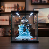 Figurine naruto haku 12cm en pose dynamique avec base glace bleue et éclairage led dans vitrine en verre
