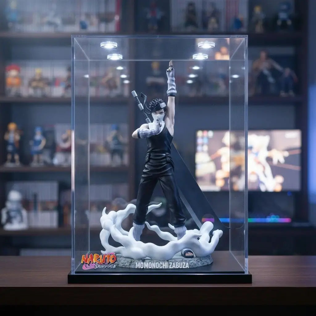 Figurine naruto momochi zabuza noir et blanc 14cm dans une vitrine transparente en action