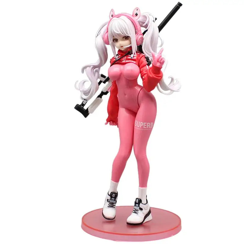 Figurine nikke déesse magnifique avec cheveux blancs tenue rouge et rose casque chat et fusil réplique fidèle