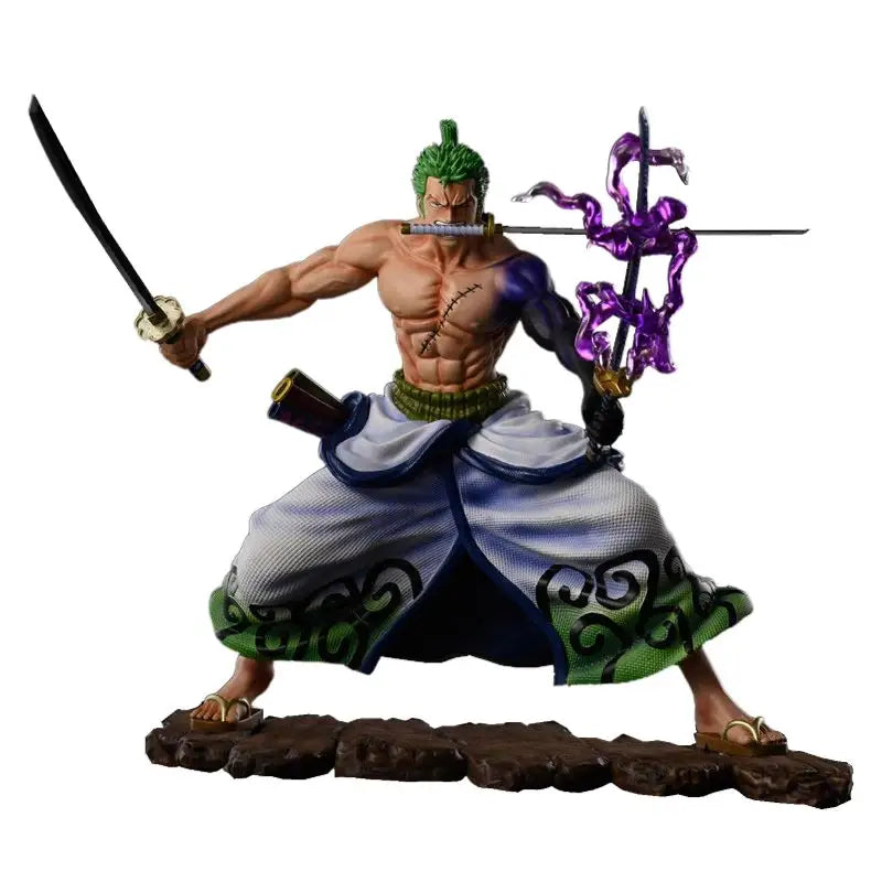 Figurine one piece roronoa zoro verte musclée en pose dynamique avec deux épées et robes blanches vertes motifs noirs