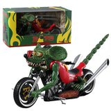 Figurine rat fink vert en gilet rouge sur moto customisée noire et argent nommée eagles rat fink sur boîte