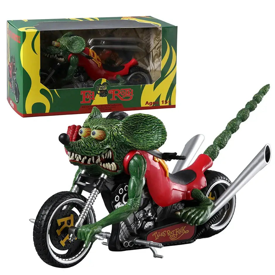 Figurine rat fink vert en gilet rouge sur moto customisée noire et argent nommée eagles rat fink sur boîte