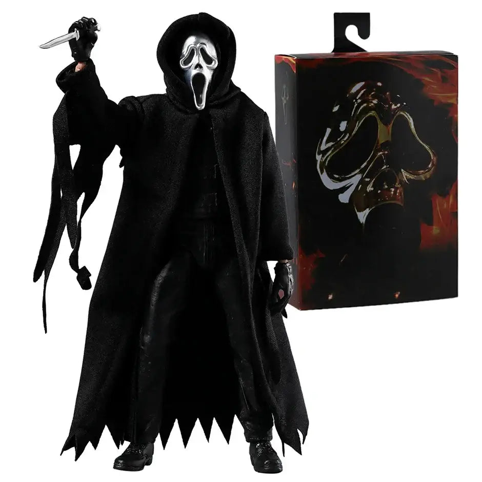 Figurine réaliste scream ghostface en plastique noir avec masque argenté et couteau, cadeau parfait pour fans de films d’horreur