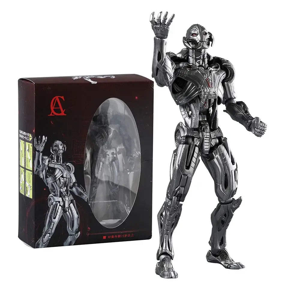 Figurine articulée ultron en métal argenté avec design mécanique détaillé pour poses dynamiques et effets d’énergie