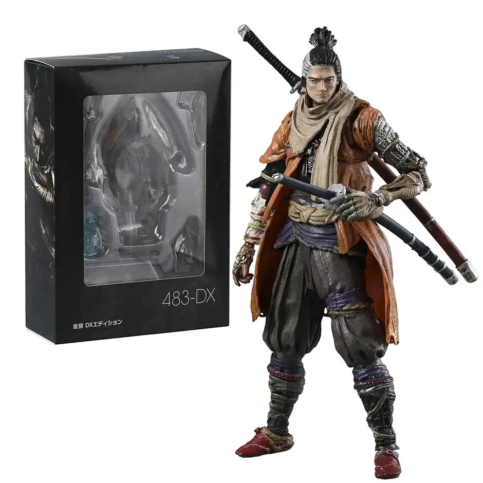 Figurine sekiro shadows die twice d un guerrier samouraï en robe orange et marron avec armure noire tenant deux épées prothèse shinobi
