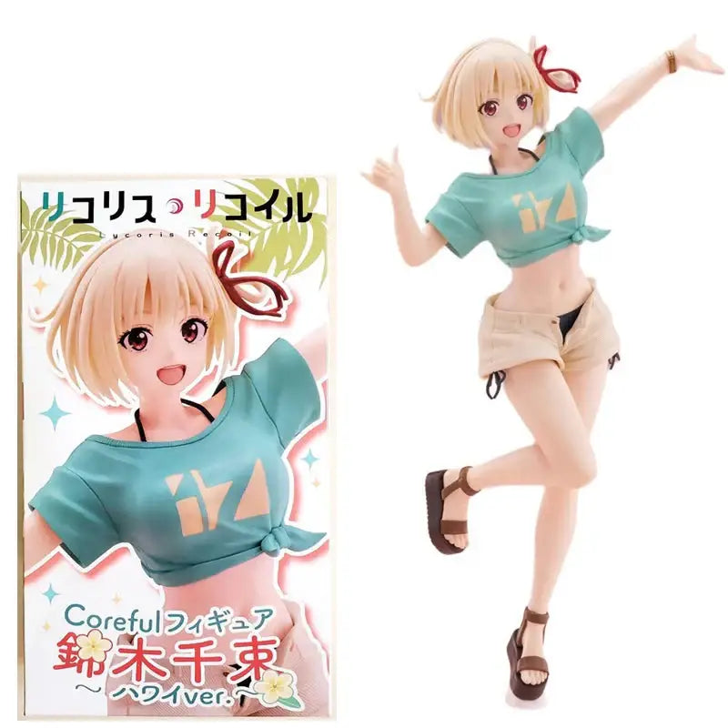 Figurine sexy chisato nishikigi d une fille blonde dynamique en t shirt teal et short beige avec pose séduisante et détails minutieux
