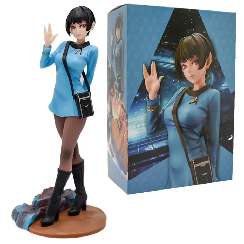 Figurine sexy femme vulcan star trek 20cm en uniforme bleu avec bottes noires et sac épaule noir