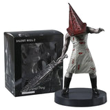 Figurine silent hill pyramid head avec tête pyramidale rouge texturée et robe grise tachée de sang pour amateurs d’horreur