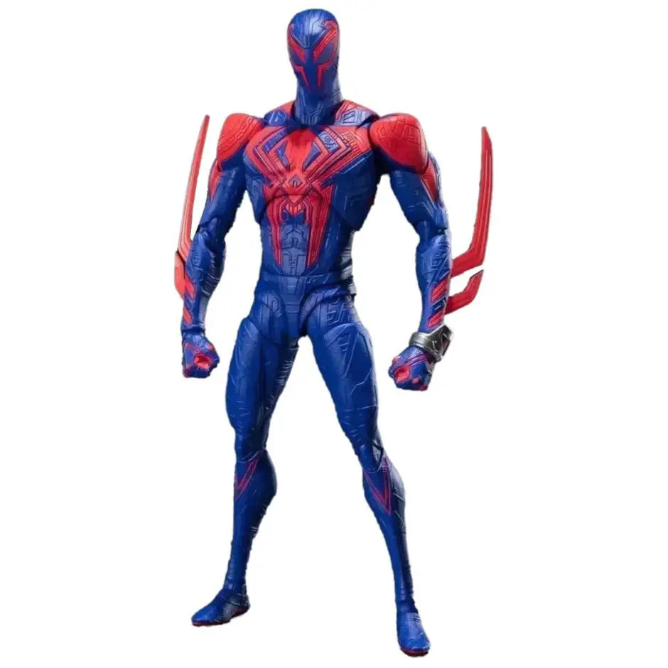 Figurine spider man articulée avec armure bleue et rouge détaillée inspirée de spider-man across the spider-verse