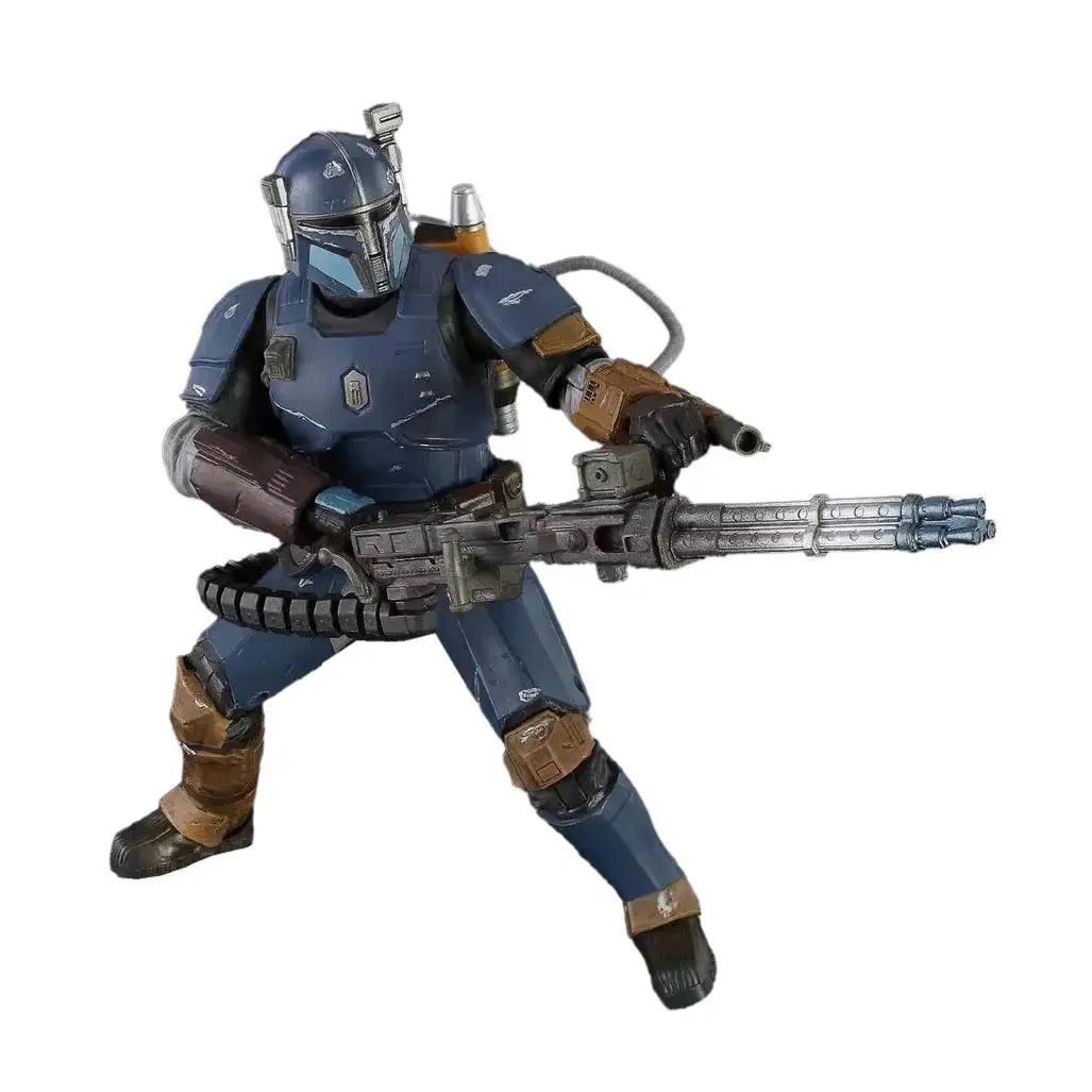 Figurine articulée paz vizsla en armure bleue et marron avec casque détaillé tenant une arme multi-canon star wars mandalorian