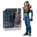 Figurine articulée super android 17 dragon ball en armure bleu et or avec ruban rouge orange à côté de son emballage