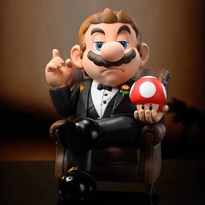Figurine super mario en tuxedo noir avec revers dorés tenant un champignon rouge dans lunivers parodique unique