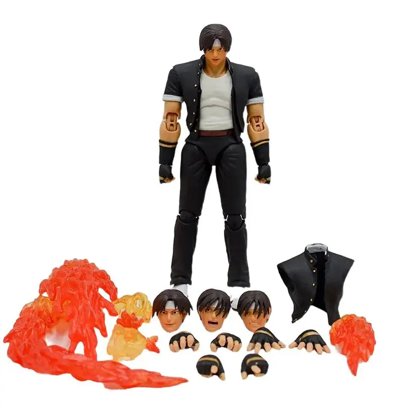 Figurine kyo kusanagi en noir et blanc avec articulations, veste noire sur chemise blanche, héros légendaire king of fighters
