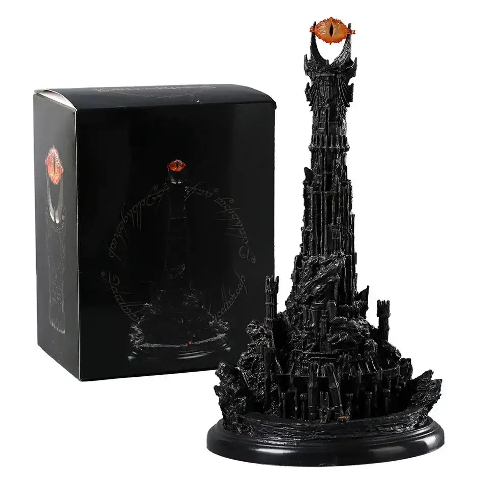 Figurine tour barad-dur en plastique noir avec œil de sauron orange présentant des détails saisissants et fidélité remarquable