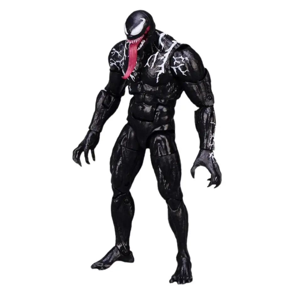Figurine venom spiderman noire avec motifs blancs craquelés langue rouge musculature détaillée et membres articulés
